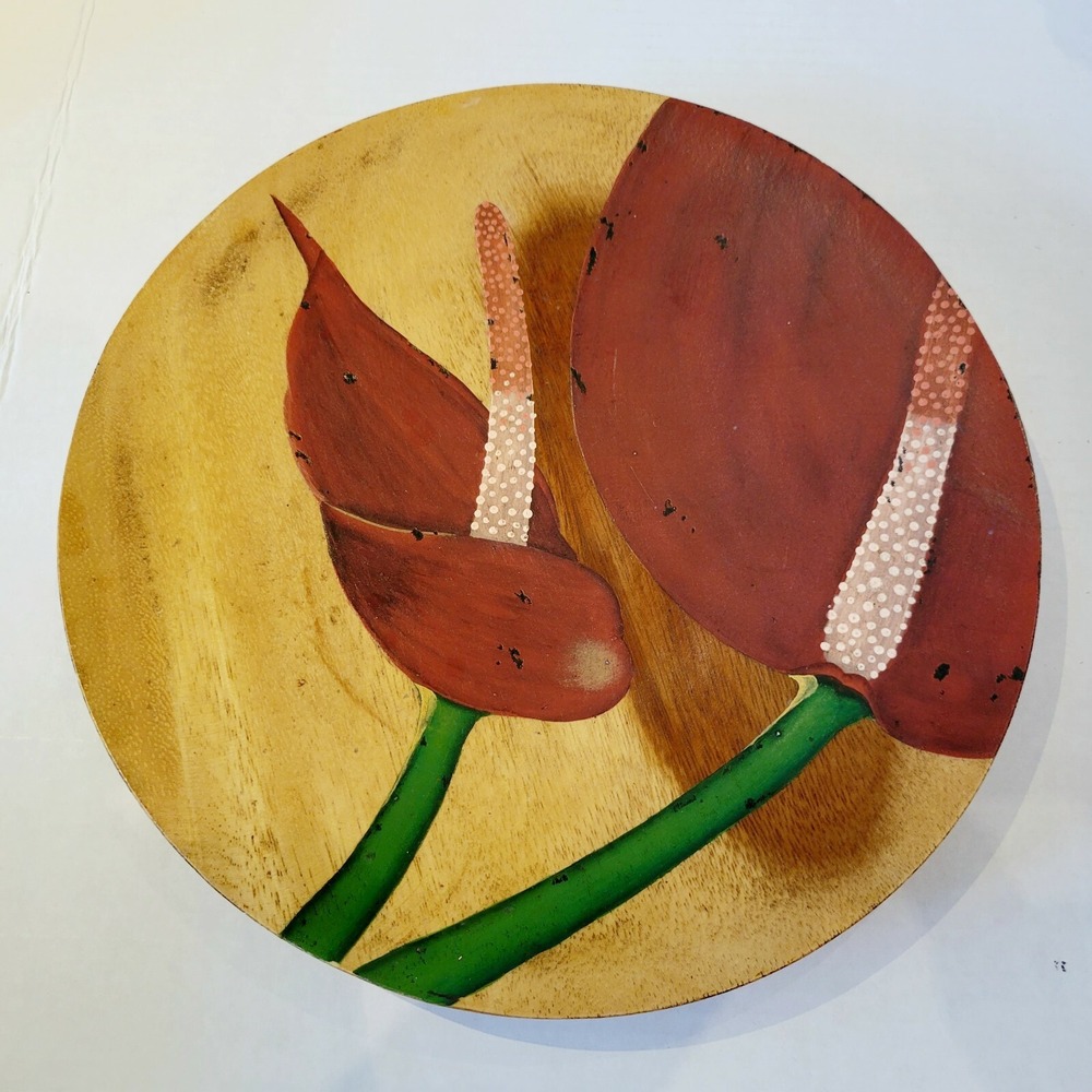Palecek MCM Mid Century Hand Carved Painted Wood Wooden Plate Wall Decor Lily